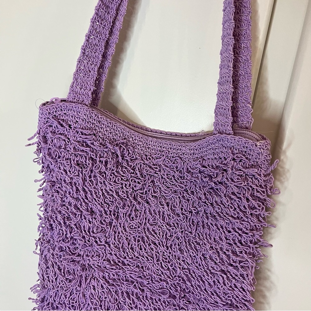 Y2K Purple Shaggy Purse Fuzzy Tote Loop Knit Handbag 2000s Shoulder Bag
